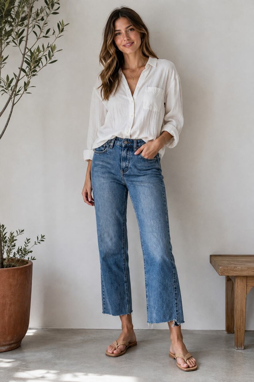 Vervet Blue high-rise fit medium blue wash crop straight-leg uneven raw hem 25